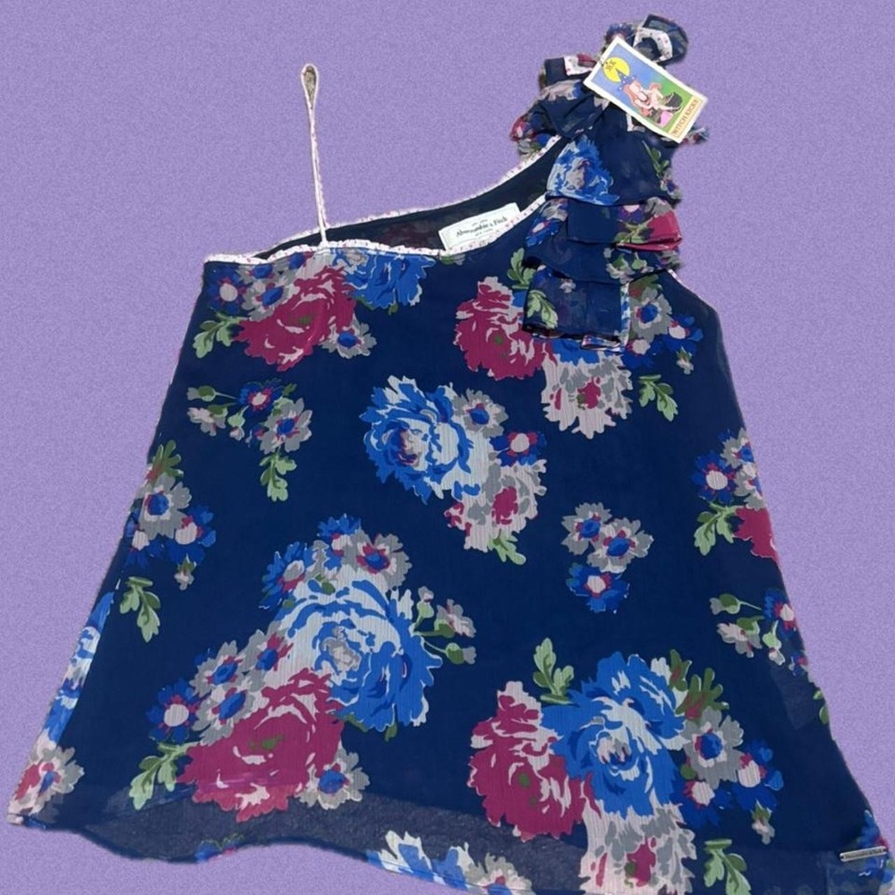 Vintage Abercrombie & Fitch Blue Floral One Shoulder Tank Top Y2K Ruffle Women M